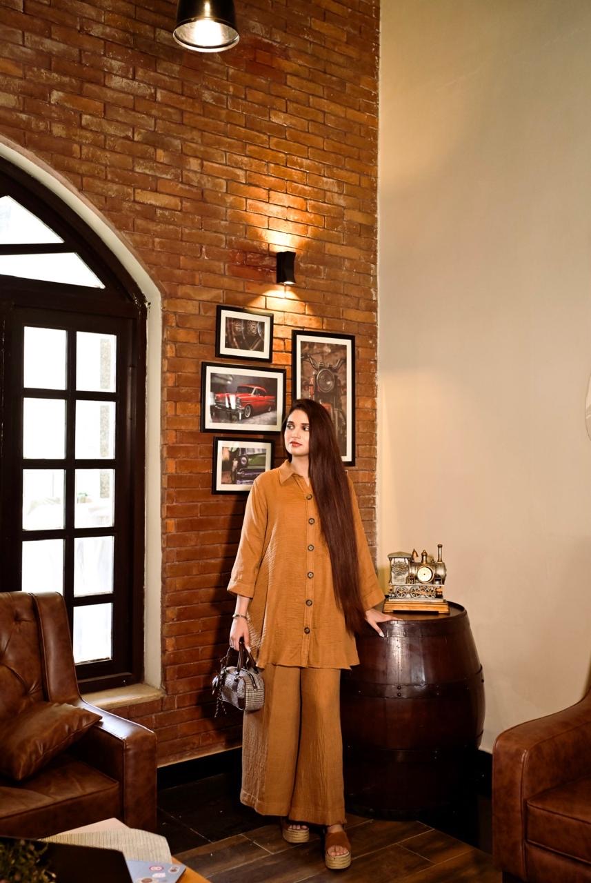 Wrinkled Brown Solid Co Ord Set